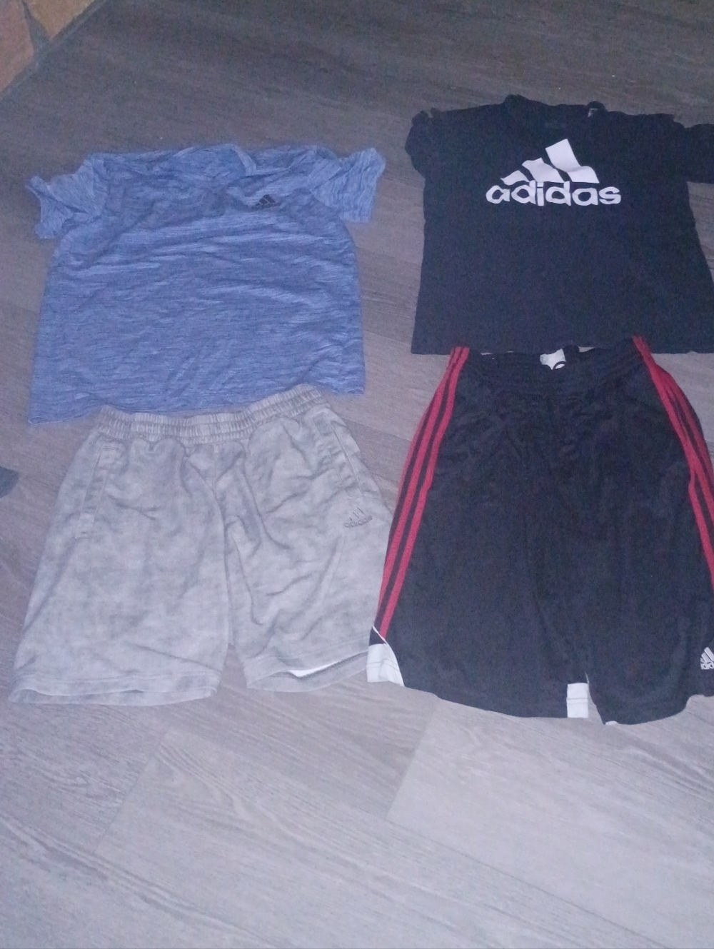 adidas Black Logo Tee with Black Shorts and Blue Top